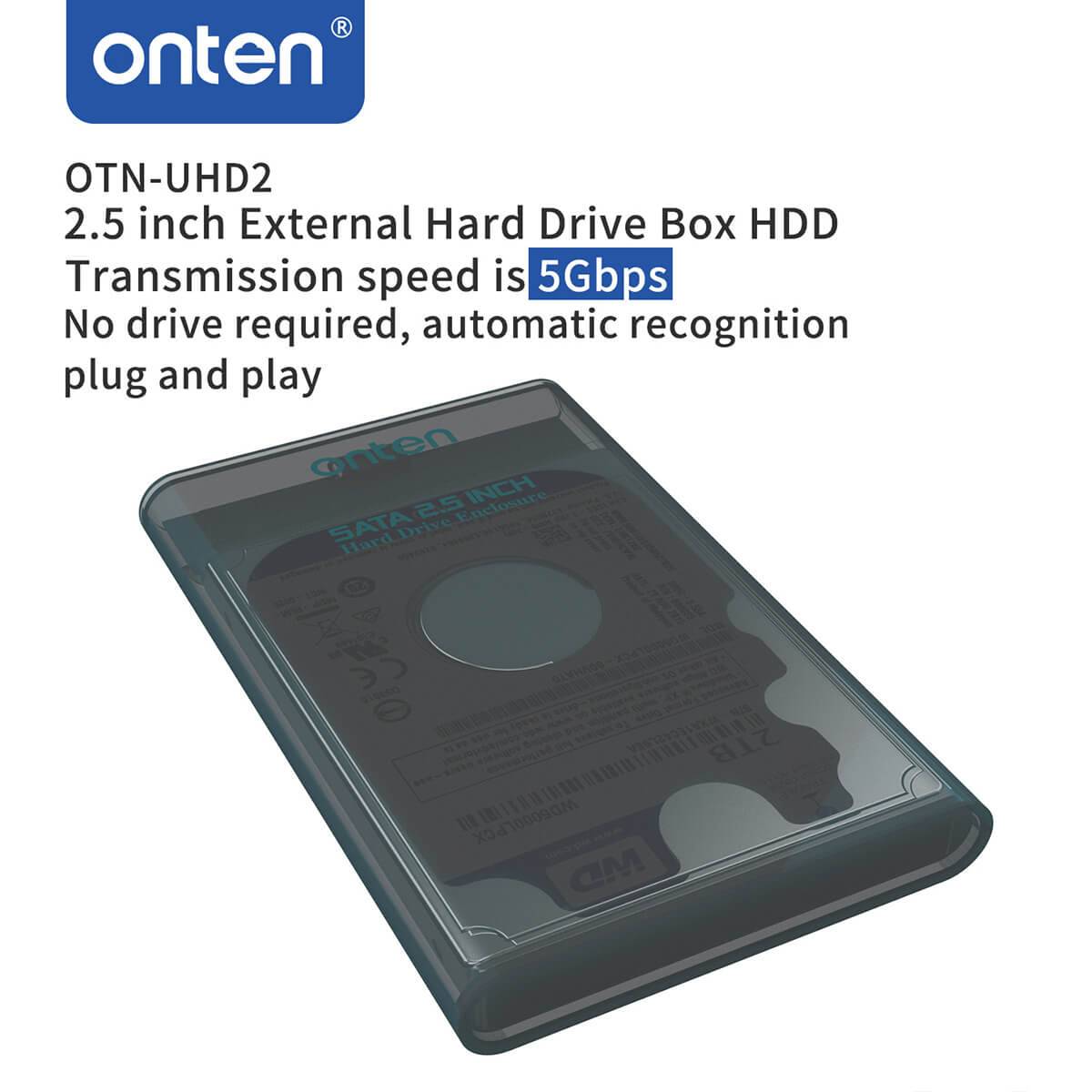 Onten UHD2 2.5 inch External Hard Drive Box featuring a sleek transparent casing. Supports 5Gbps data transfer speed with USB 3.0 interface.