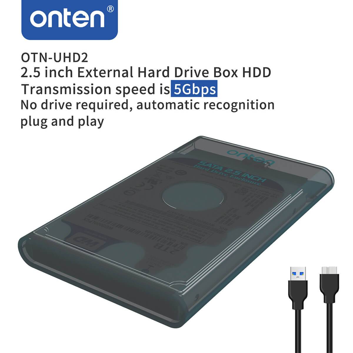 Onten UHD2 2.5 inch External Hard Drive Enclosure with USB 3.0. High-speed 5Gbps data transfer and tool-free installation for easy use.