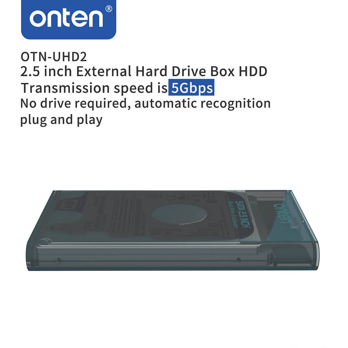 Side view of Onten UHD2 2.5 inch External Hard Drive Box. Compact and lightweight design with USB 3.0 for fast 5Gbps data transfer.