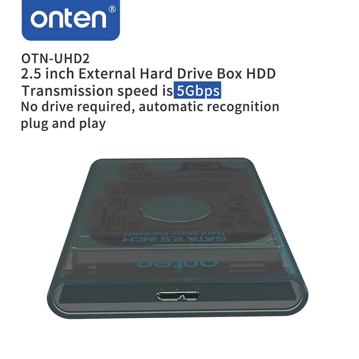 Onten UHD2 2.5 inch External Hard Drive Box with USB 3.0 port. Transparent casing, plug-and-play functionality, and 5Gbps transfer speed.