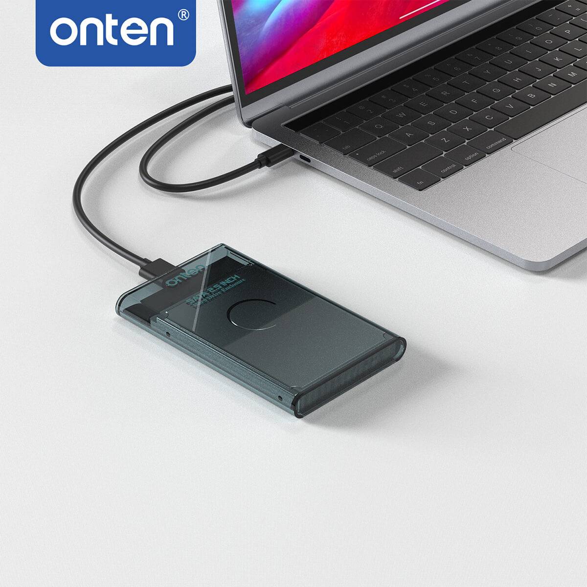 Onten UHD2 External Hard Drive Box connected to a laptop. USB 3.0 interface ensures high-speed 5Gbps data transfer for efficient storage.