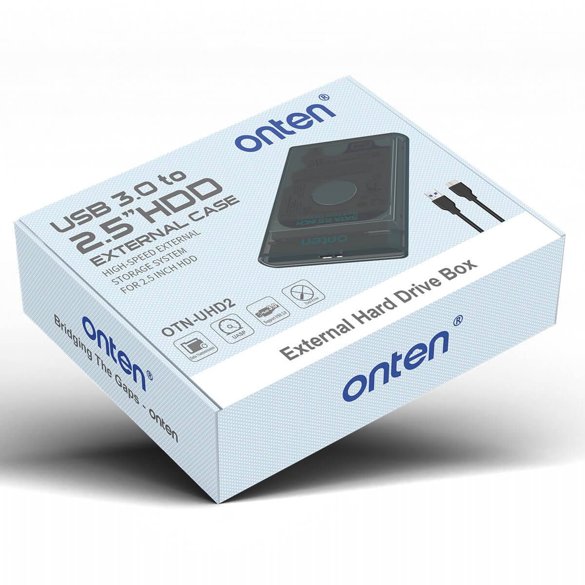 Retail packaging of Onten UHD2 2.5 inch External Hard Drive Box. USB 3.0 connectivity, 5Gbps transfer speed, and tool-free installation.