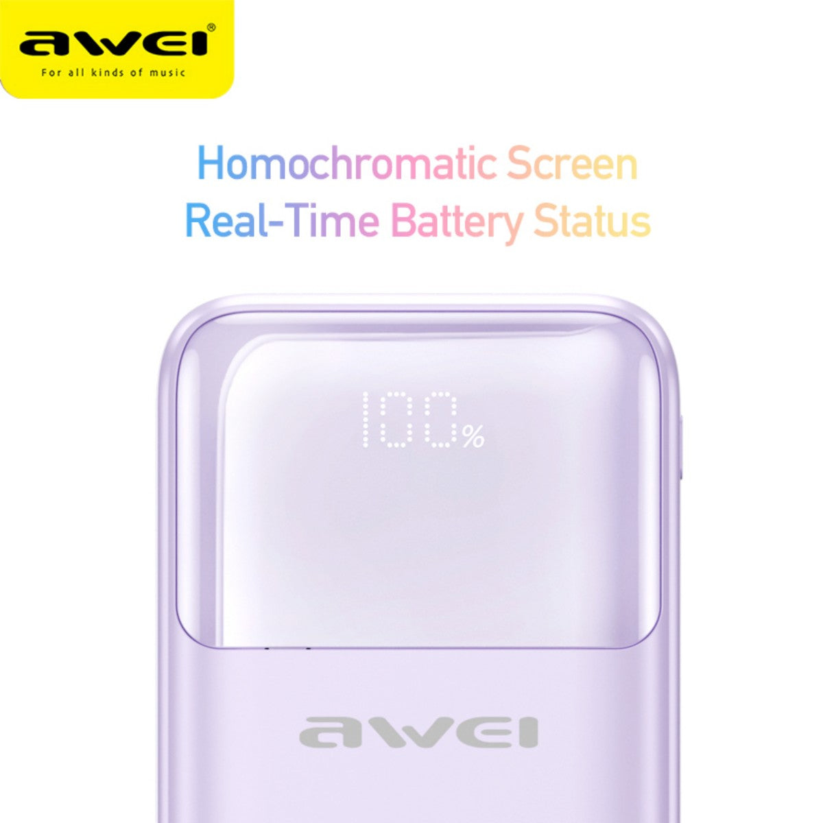 Close-up of AWEI P106K power bank in purple showing homochromatic screen with real-time battery status display for enhanced usability.