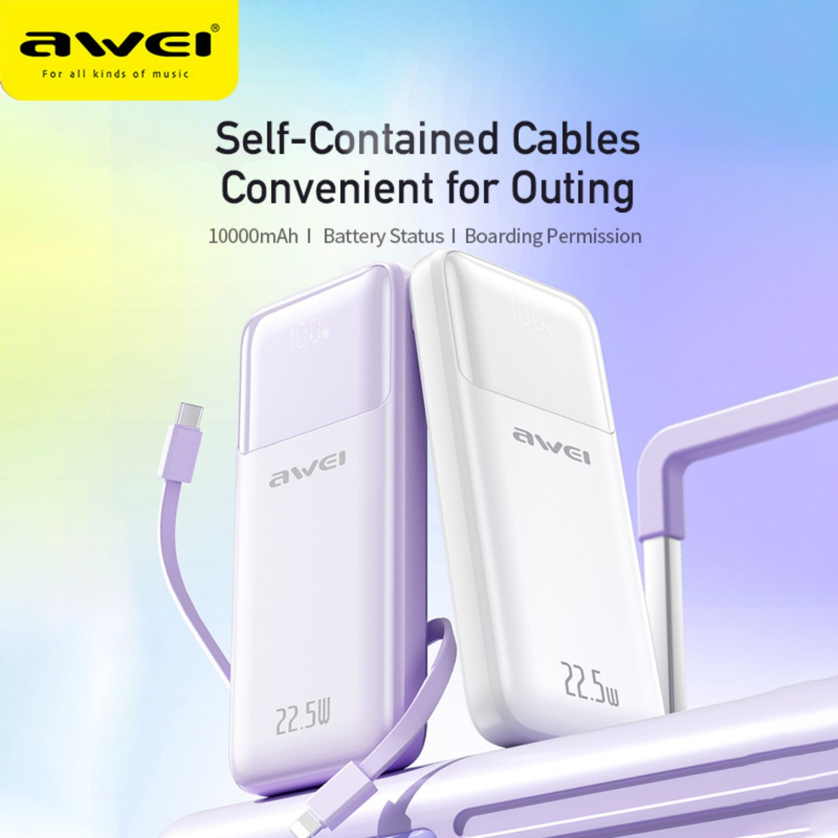 AWEI P106K 22.5W power bank with self-contained cables, ideal for travel with 10000mAh capacity and boarding permission compliance.