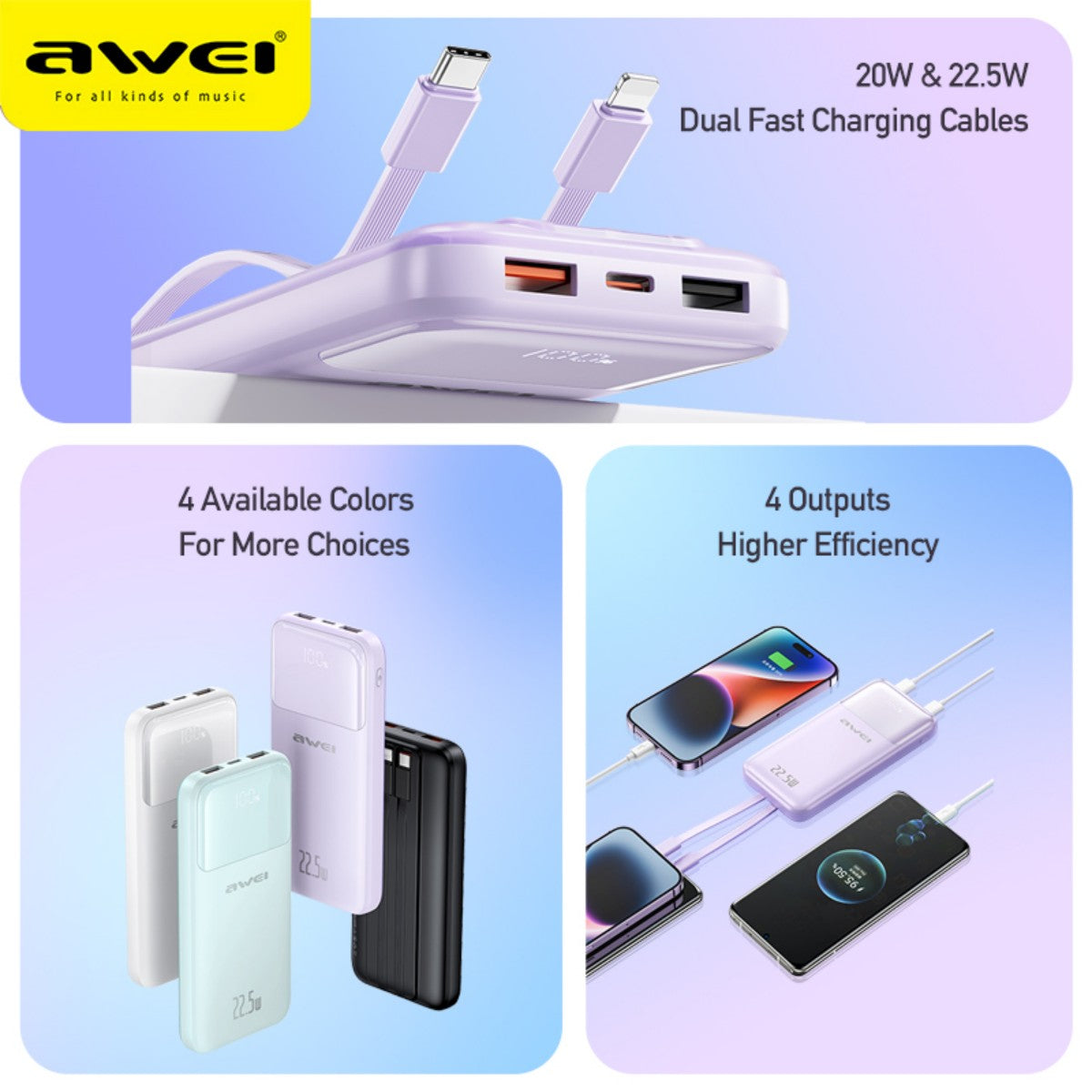 AWEI P106K power bank in four colors with dual fast charging cables, 4 outputs, and 20W & 22.5W fast charging support for multiple devices.