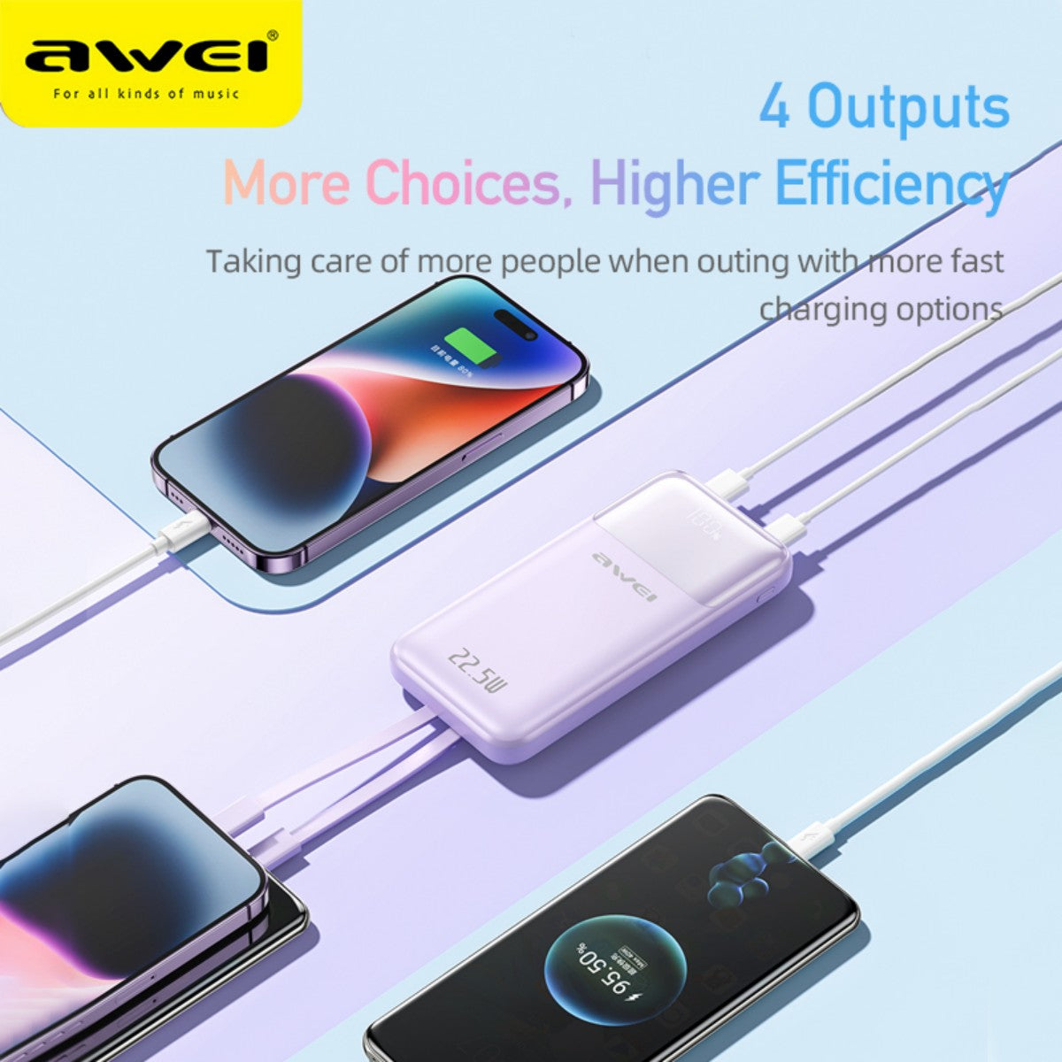 AWEI P106K 22.5W power bank charging four smartphones simultaneously, highlighting its 4-output design for efficient fast charging.