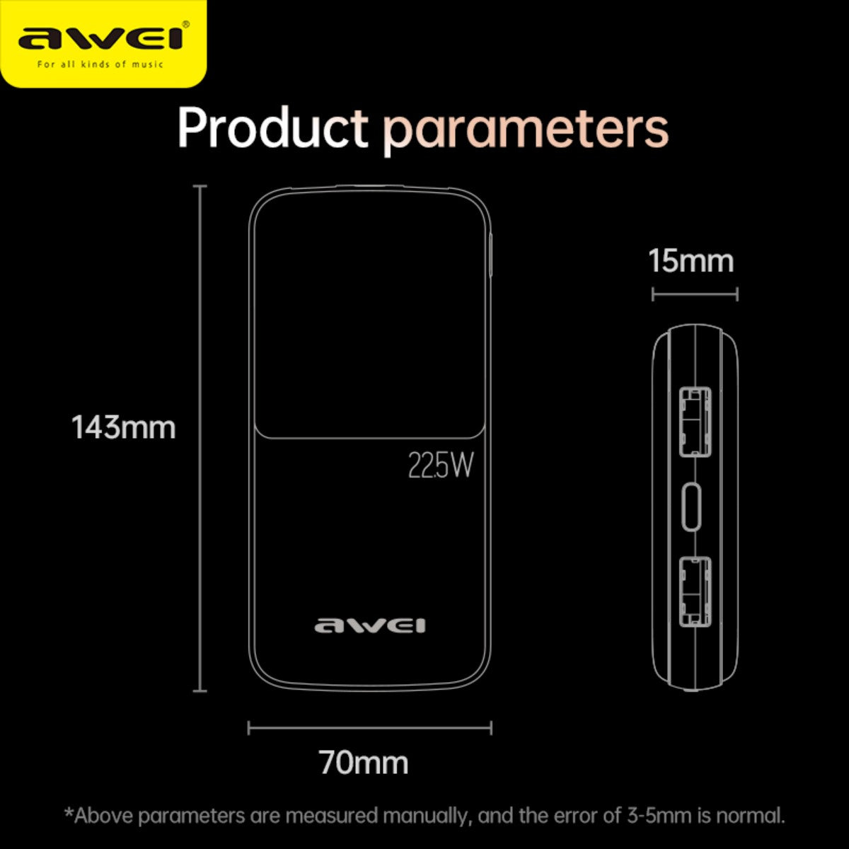 AWEI P10K 22.5W Power Bank dimensions and port layout, showing compact 143mm x 70mm x 15mm design for portability.