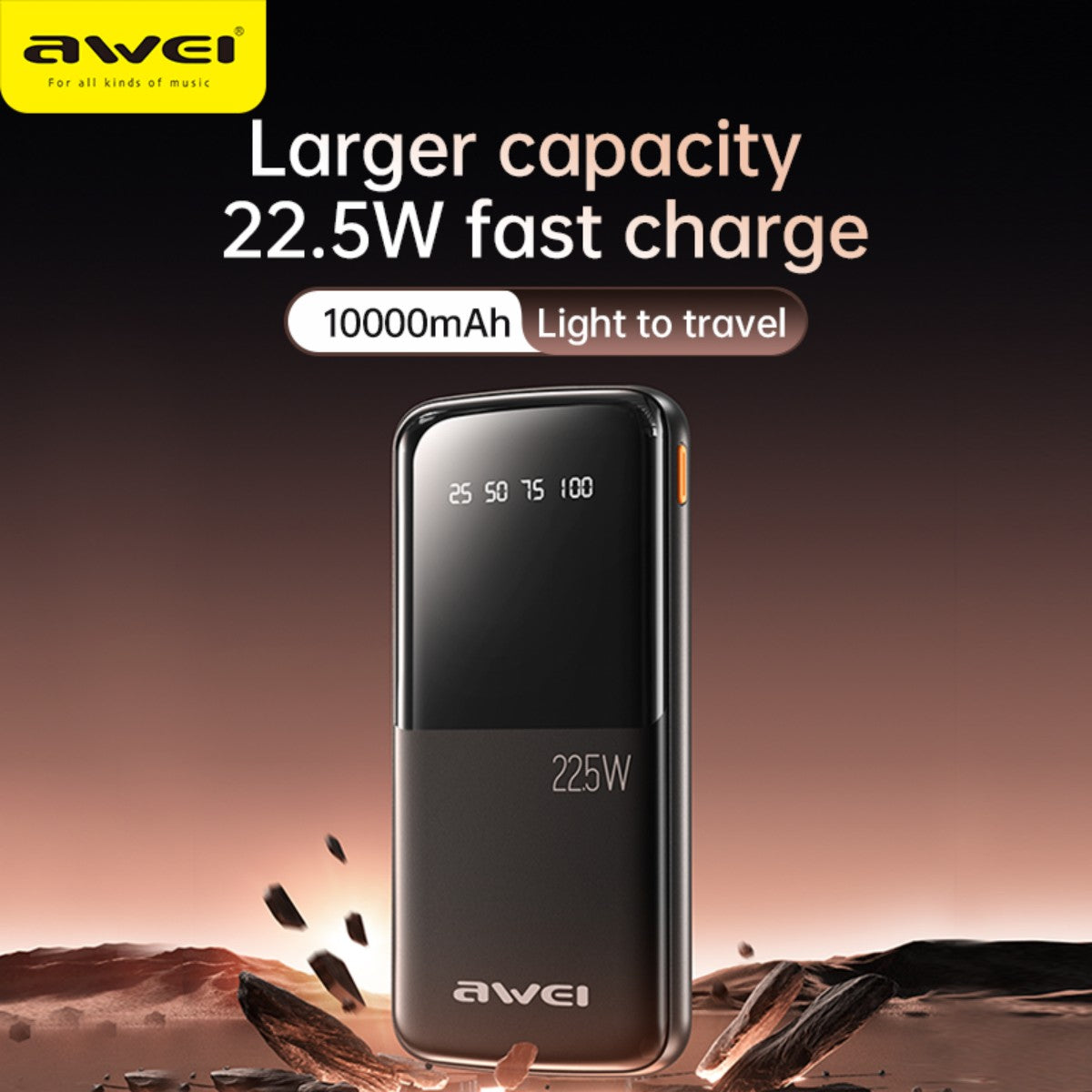 AWEI P10K 22.5W Fast Charging Power Bank (10000mAh) with digital display, highlighting large capacity and travel-friendly design.