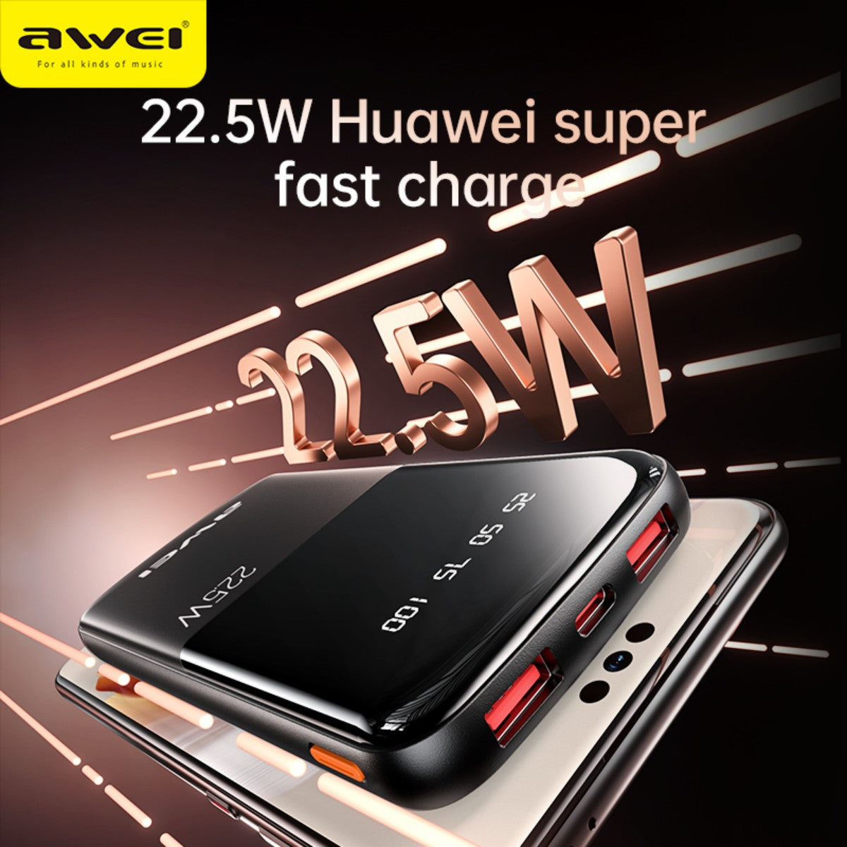 Close-up of AWEI P10K 22.5W Power Bank showing Huawei super fast charge compatibility and multiple USB ports.