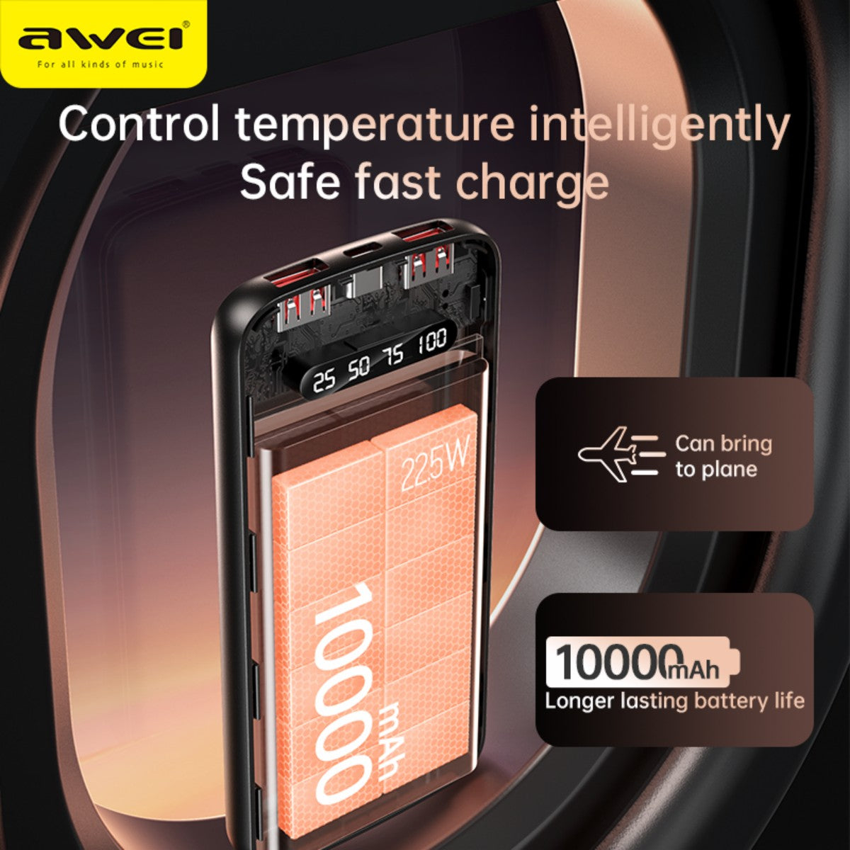 AWEI P10K Power Bank with 10000mAh battery, showcasing intelligent temperature control and airplane-safe travel features.