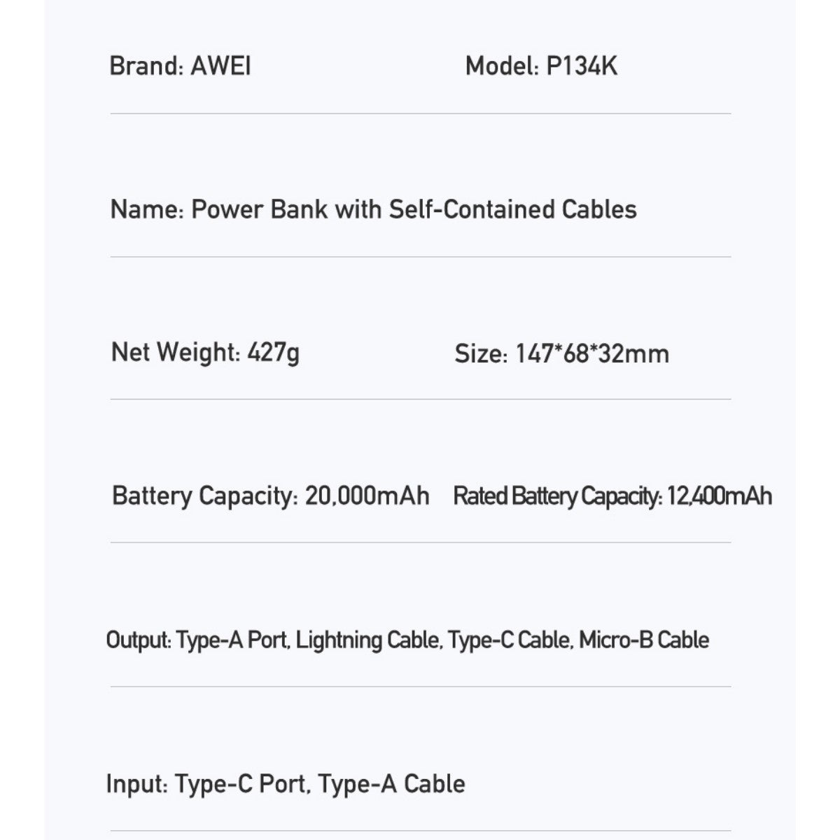 AWEI P134K Multiple Output Power Bank With Cable White
