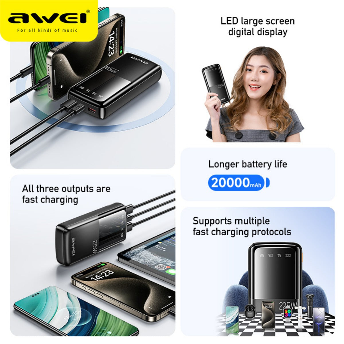 AWEI P13K 22.5W Power Bank with 20000mAh capacity, LED display, and triple fast charging ports for multiple devices in Power Banks category.
