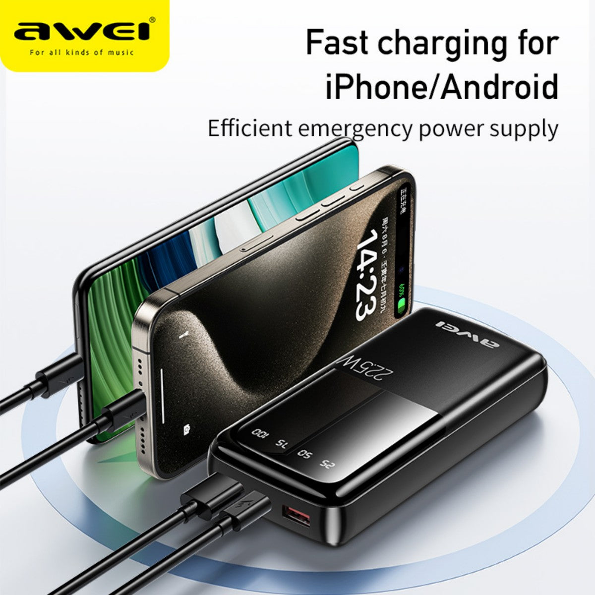 AWEI P13K 22.5W Power Bank charging iPhone and Android devices simultaneously, showcasing emergency fast charging capability.