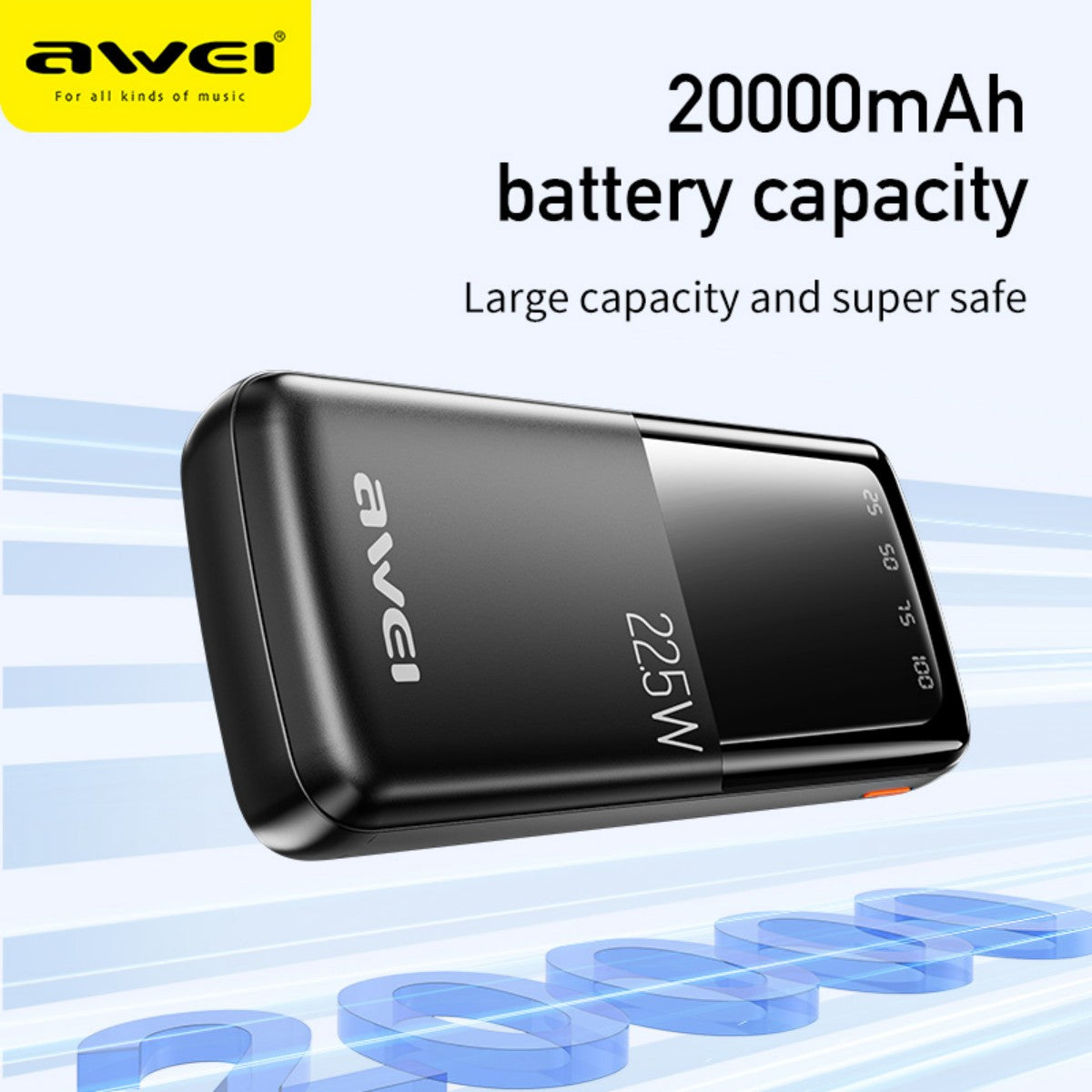 AWEI P13K 20000mAh Power Bank with 22.5W fast charging and sleek black design, ideal for safe and high-capacity mobile charging.
