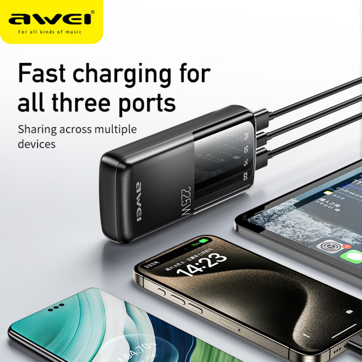 AWEI P13K Power Bank with triple port fast charging, supporting multiple devices for efficient power sharing in Power Banks category.