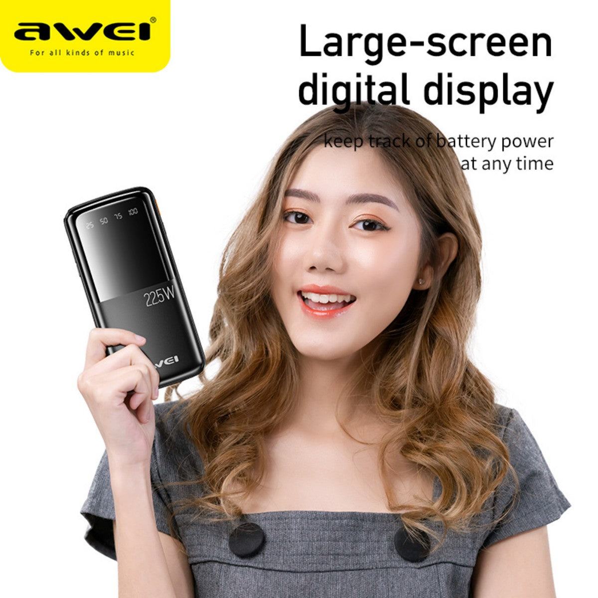AWEI P13K 22.5W Power Bank with large-screen digital display, showing real-time battery status for convenient power monitoring.