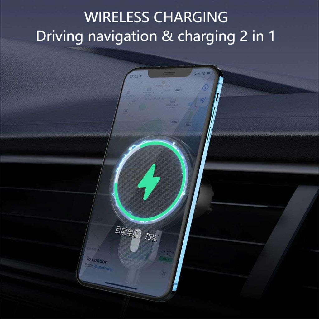 LDNIO MA20 15W Wireless Charging Magnetic Car Mount in use, holding a smartphone securely while providing fast wireless charging during navigation.