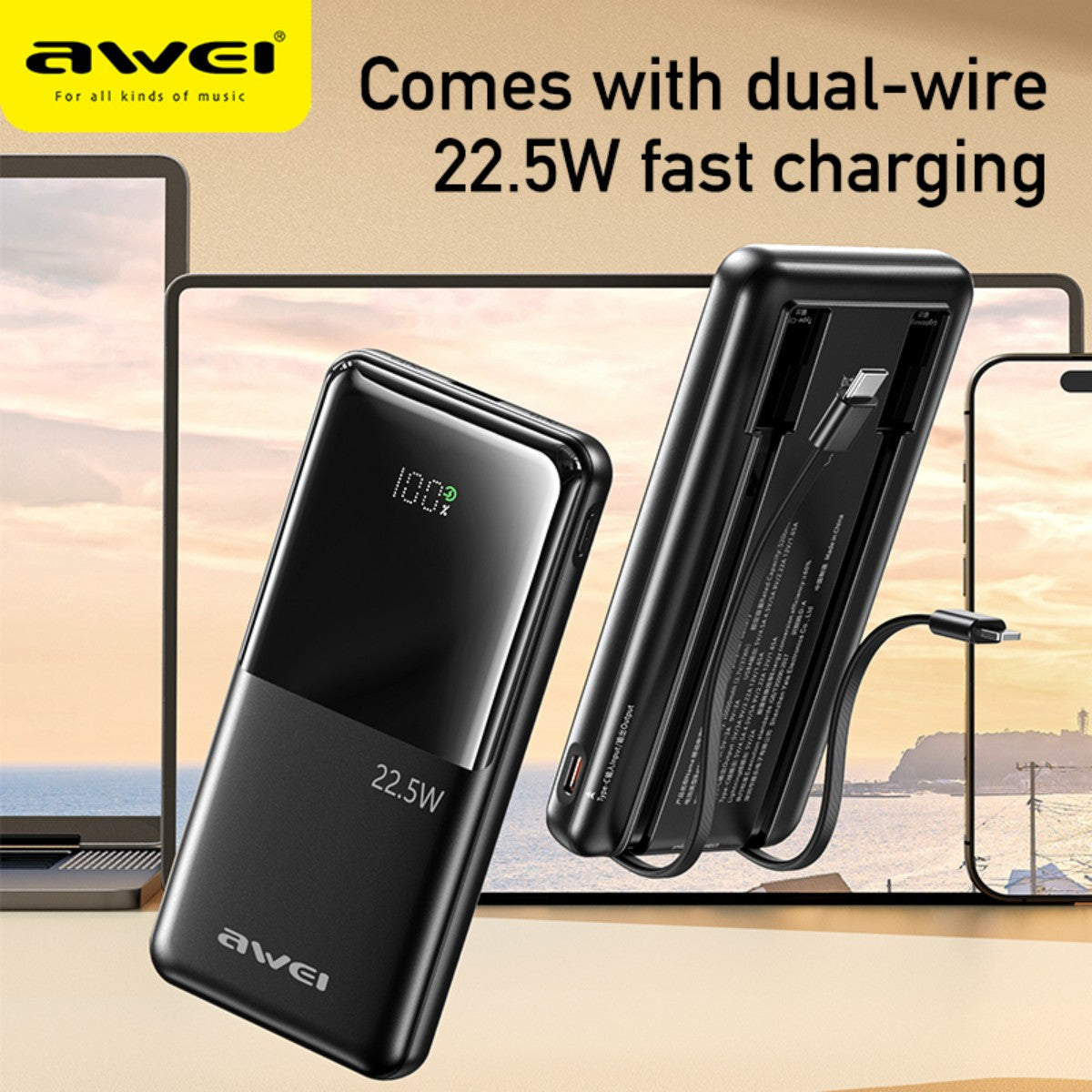 AWEI P76K 22.5W Power Bank with Dual Self-Contained Cable Black
