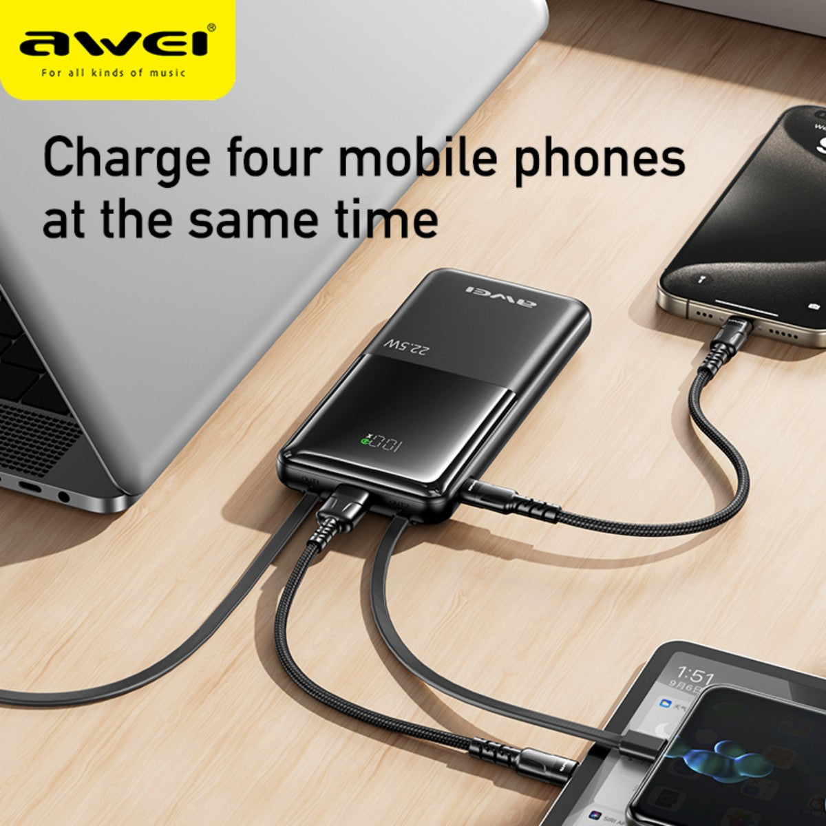 AWEI P76K 22.5W Power Bank with Dual Self-Contained Cable Black