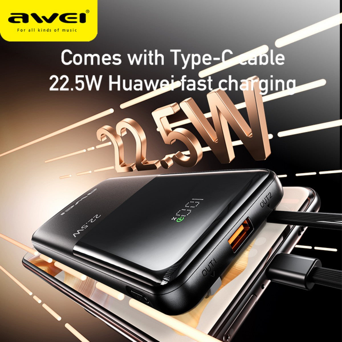 AWEI P76K 22.5W Power Bank with Dual Self-Contained Cable Black