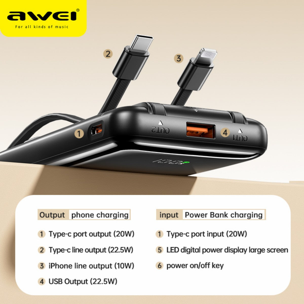 AWEI P76K 22.5W Power Bank with Dual Self-Contained Cable Black