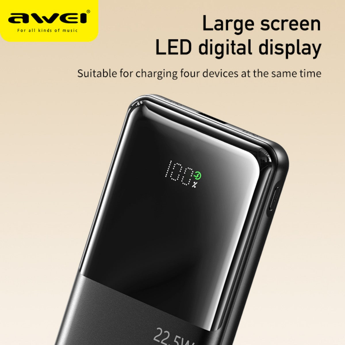 AWEI P76K 22.5W Power Bank with Dual Self-Contained Cable Black