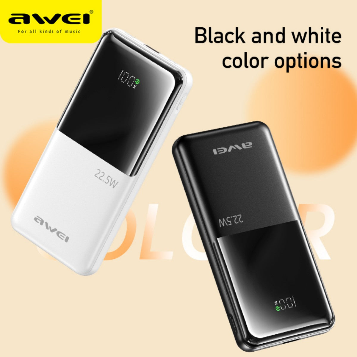 AWEI P76K 22.5W Power Bank with Dual Self-Contained Cable Black