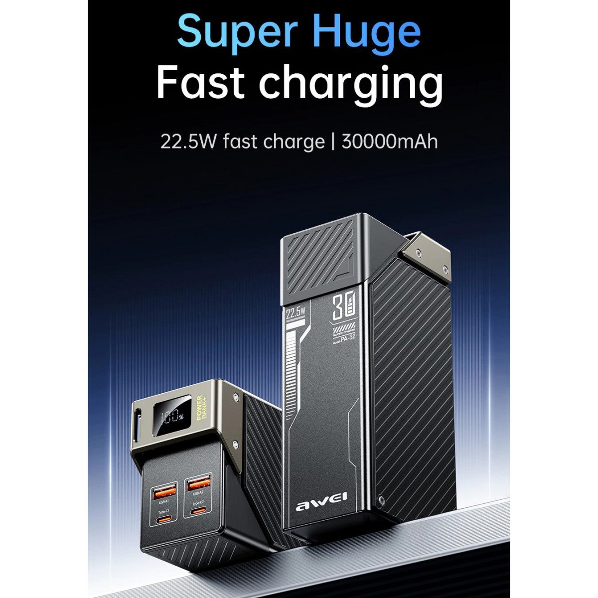 AWEI PA-32 30000mAh power bank with 22.5W fast charging, dual-unit display, and compact design ideal for travel and daily charging needs.