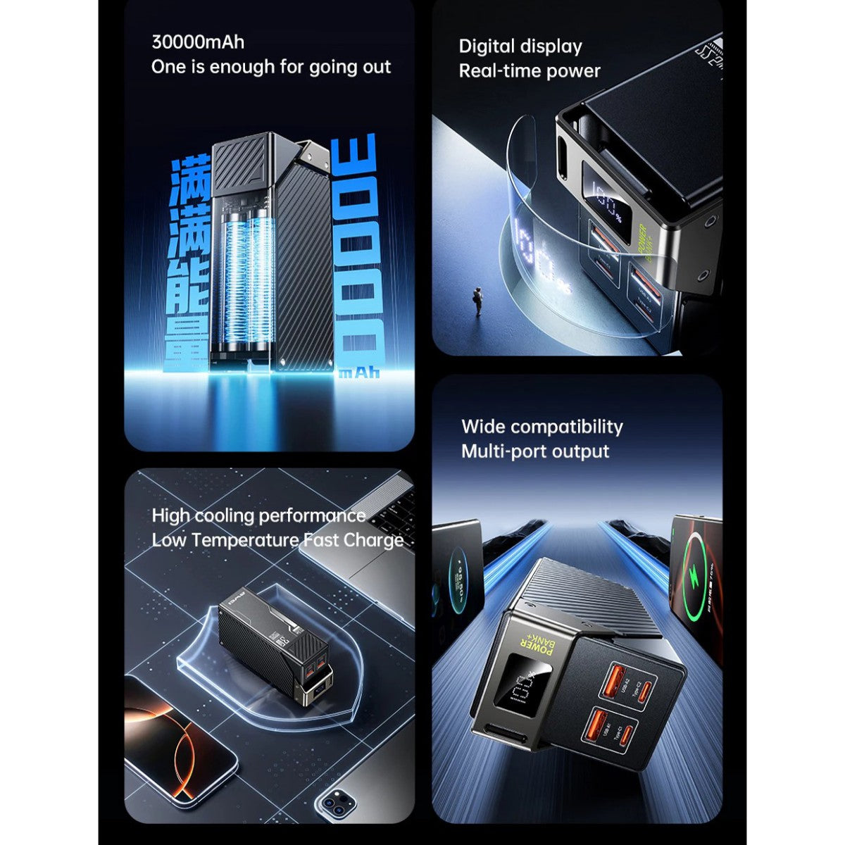 AWEI PA-32 power bank featuring real-time digital display, multi-port output, wide compatibility, and high cooling performance for safe charging.