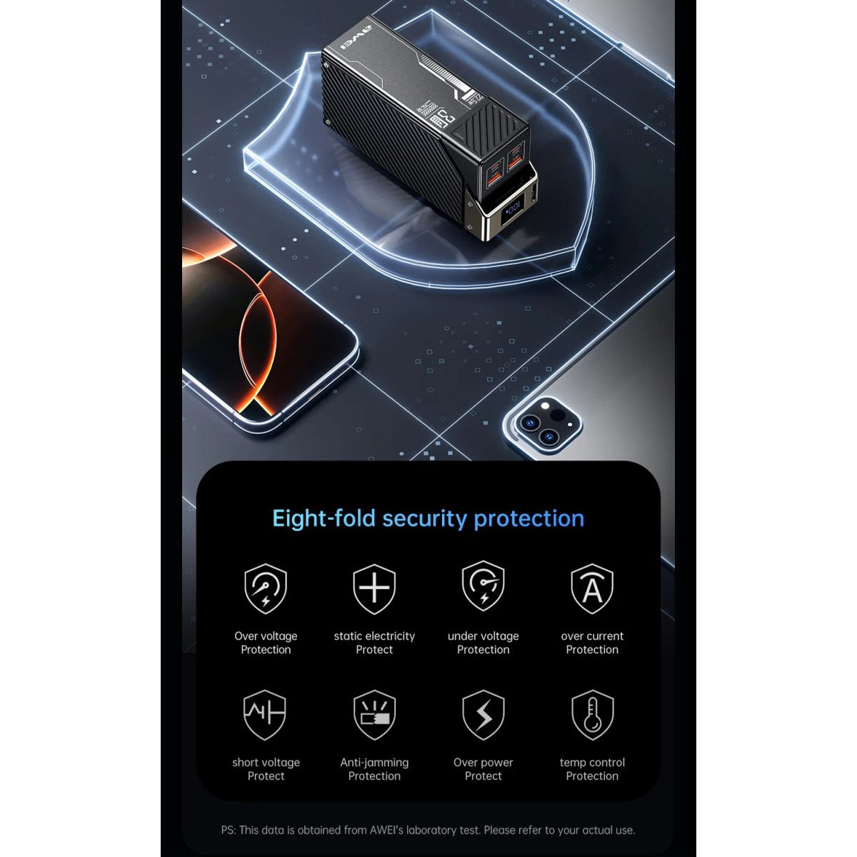 AWEI PA-32 power bank with eight-fold security protection including over-voltage, over-current, and temperature control for safe device charging.