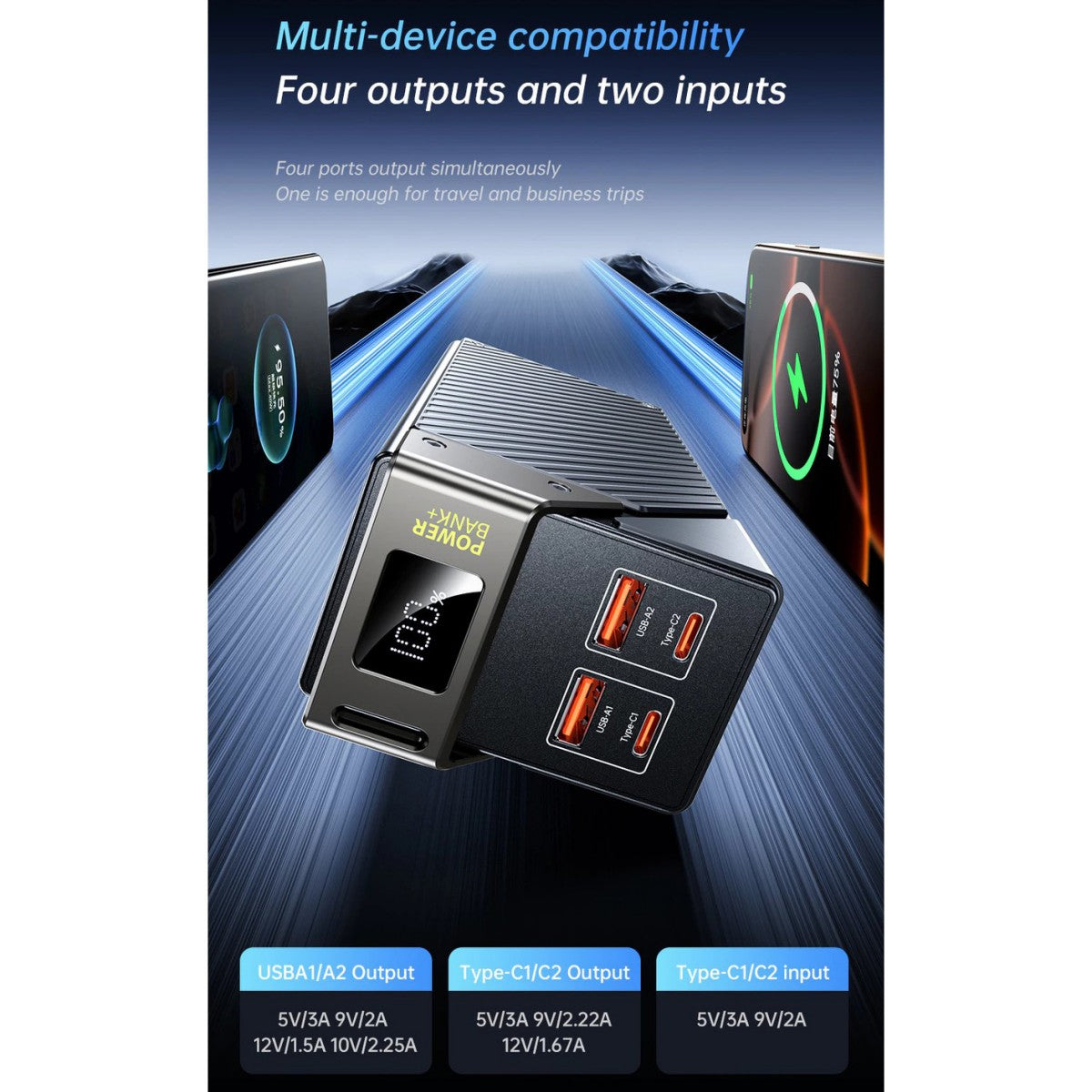 AWEI PA-32 power bank with four output ports and two input ports, supporting multiple devices and fast charging simultaneously.