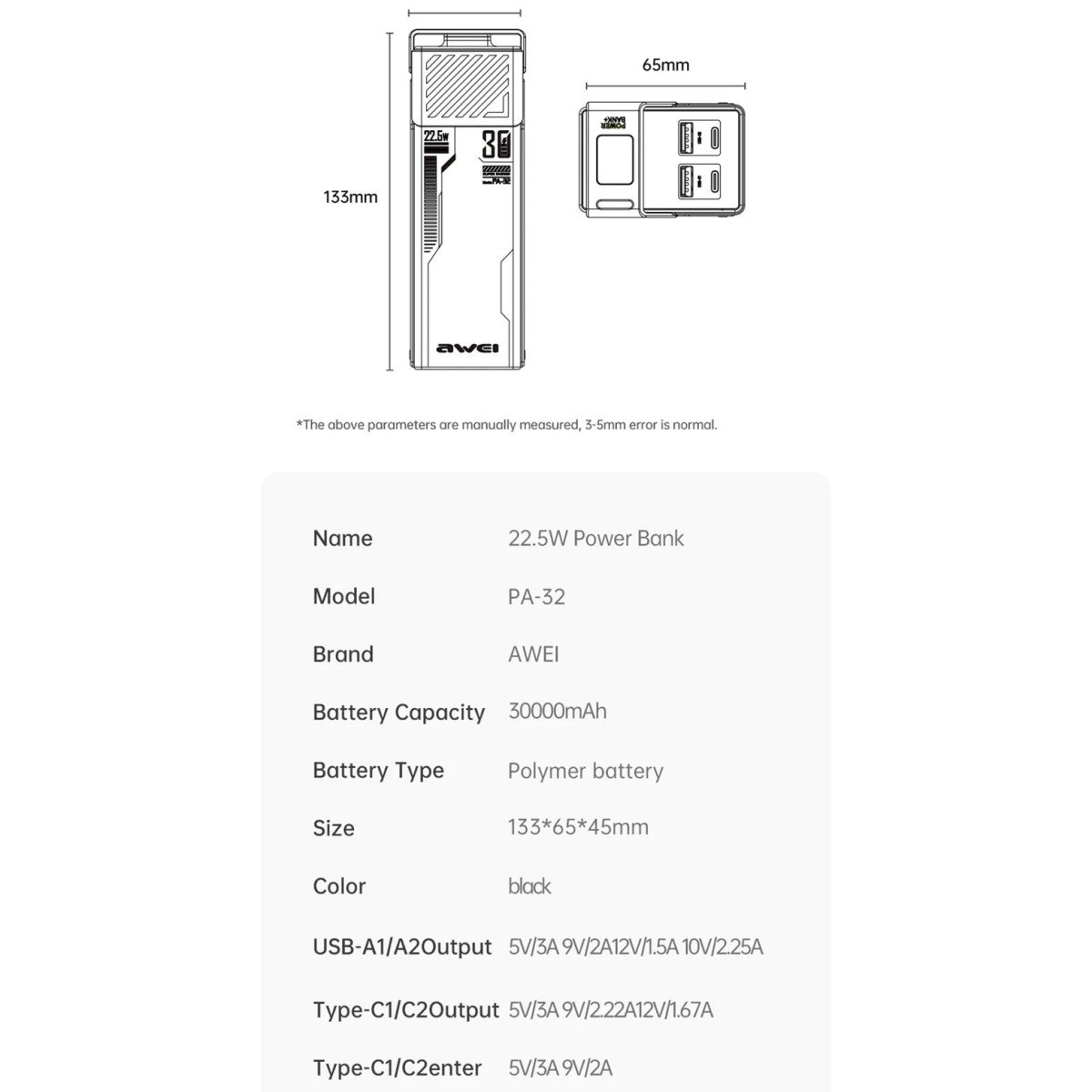 AWEI PA-32 30000mAh power bank technical specifications including size, battery type, port output, and input compatibility in black color.
