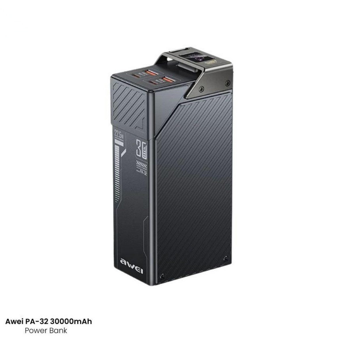 AWEI PA-32 22.5W Multi-Function Power Bank (30000mAh) with sleek black design and multiple USB ports for fast charging and high capacity use.