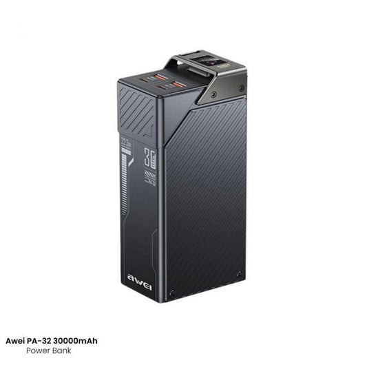 AWEI PA-32 22.5W Multi-Function Power Bank (30000mAh) with sleek black design and multiple USB ports for fast charging and high capacity use.