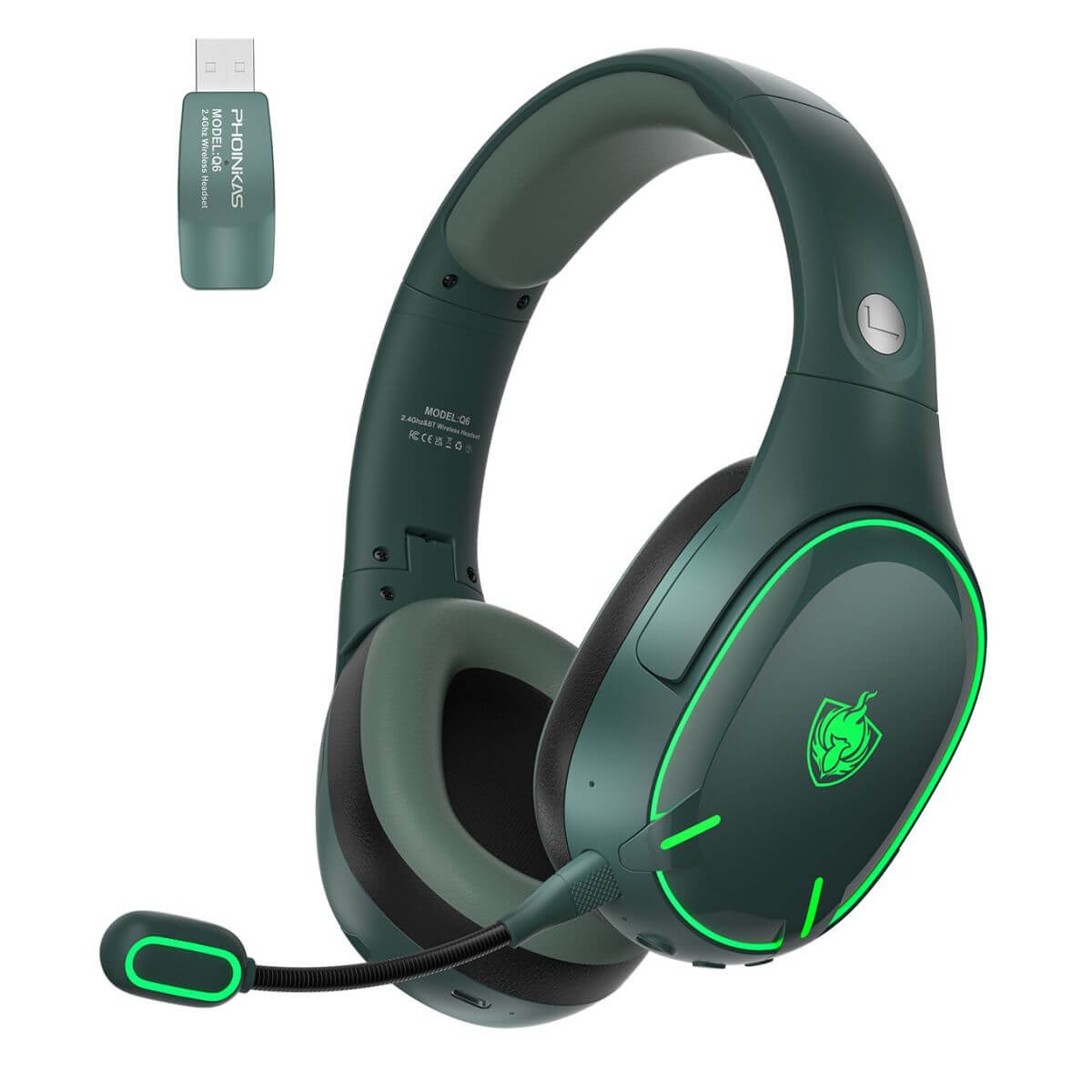 PHOINIKAS Q6 2.4GHz Wireless Gaming Headphones in green with LED lighting, detachable microphone, and USB transmitter. Ideal for immersive gaming.