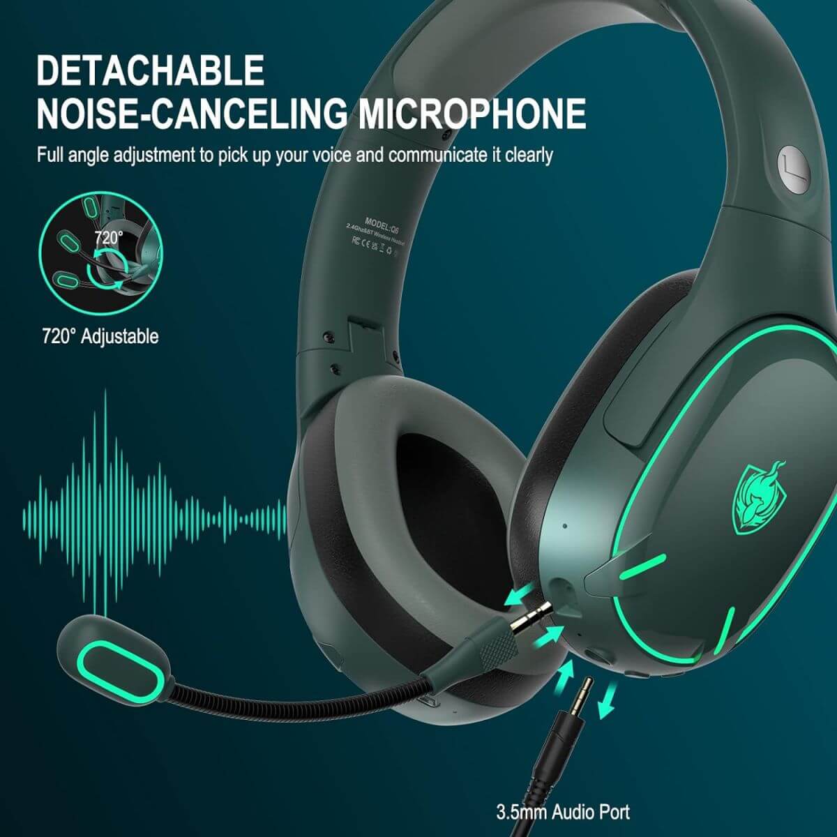 PHOINIKAS Q6 Gaming Headphones with detachable noise-canceling microphone, 720° adjustable for clear voice communication and immersive gameplay.