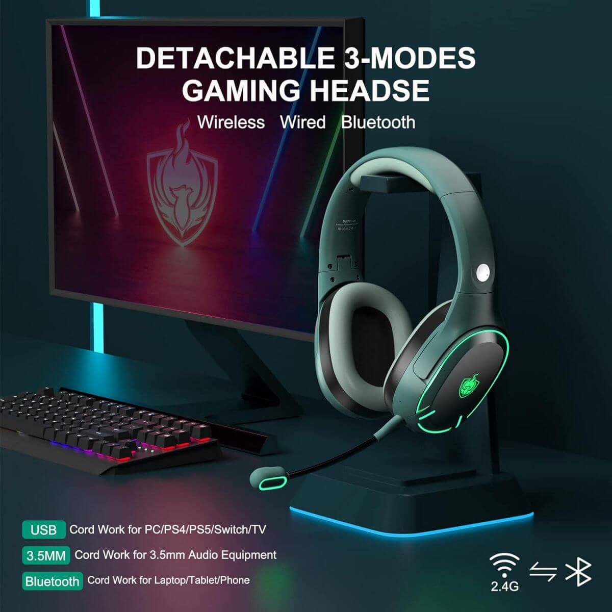 PHOINIKAS Q6 Gaming Headphones with detachable 3-mode connectivity: wireless, wired, and Bluetooth. Compatible with PC, PS4, PS5, Switch, and TV.