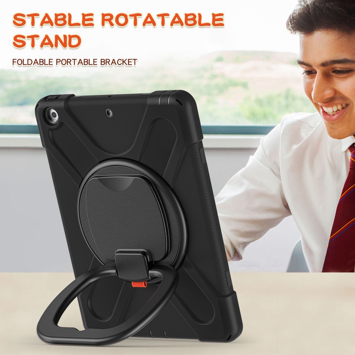 Black version of the Pirate Kids iPad 10.2 Protective Case with a stable rotatable stand for hands-free viewing and typing.