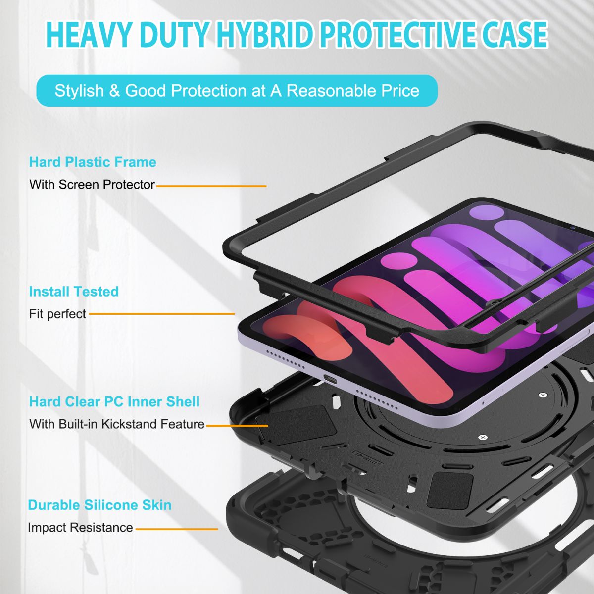 Heavy-duty hybrid protective case for iPad Mini 6 with a hard plastic frame, screen protector, and impact-resistant silicone skin for ultimate safety.