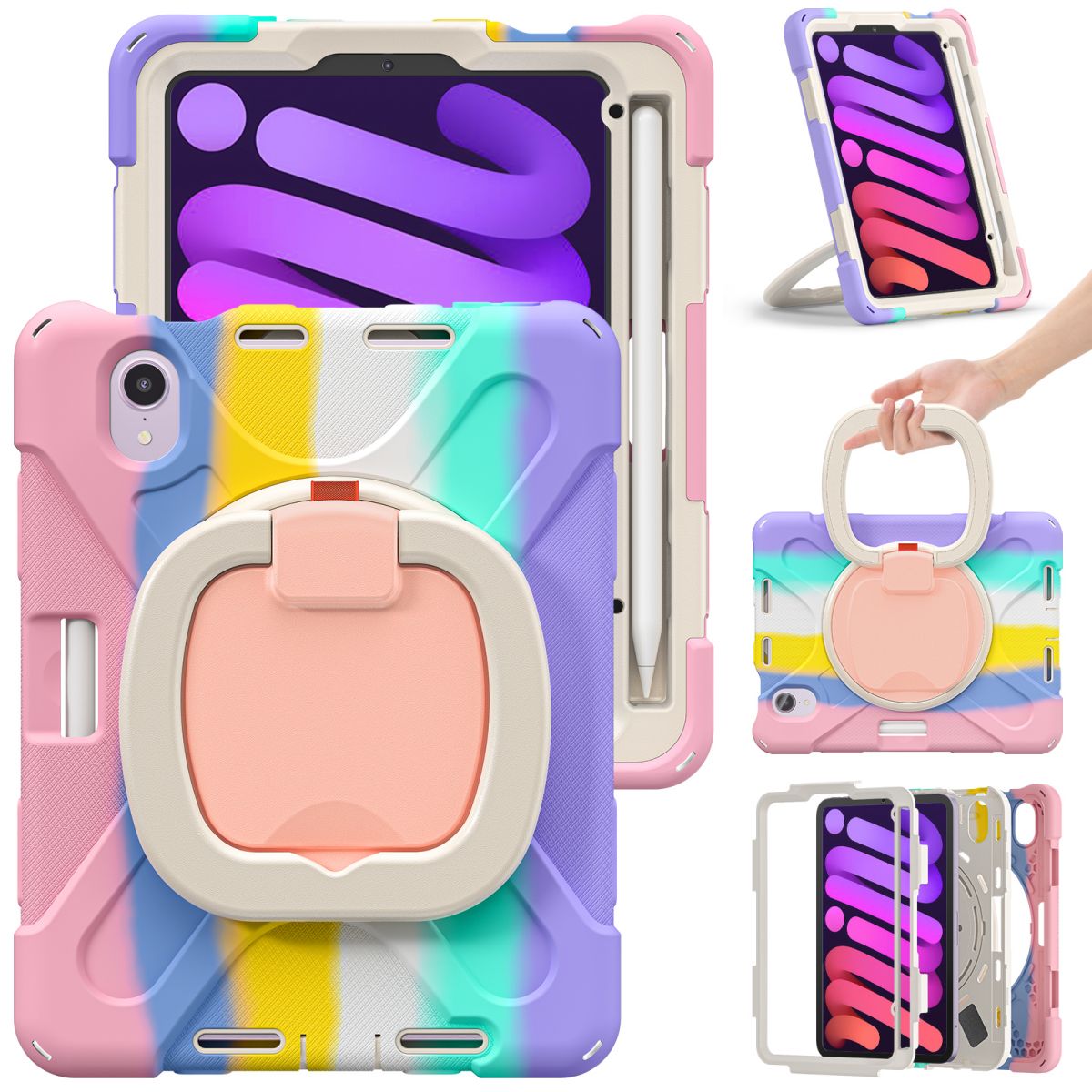 Colorful iPad Mini 6 protective case with a rotating handle, stand, and shockproof design. Perfect for kids' tablets with a fun and sturdy build.