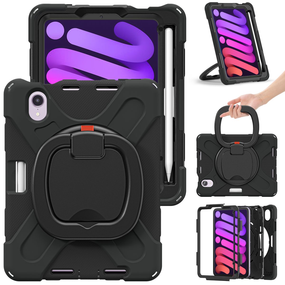 Full-body rugged iPad Mini 6 case with a 360° rotating handle, built-in stand, and shockproof protection. Ideal for kids and professionals alike.