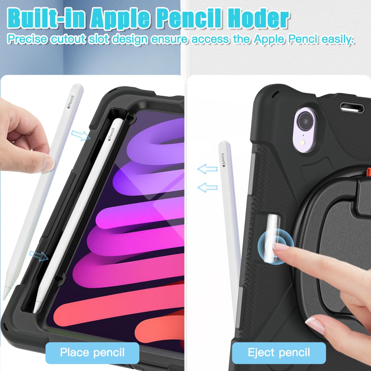 Built-in Apple Pencil holder on the iPad Mini 6 case with a precise cutout slot for secure storage and easy access. Perfect for creatives and students.