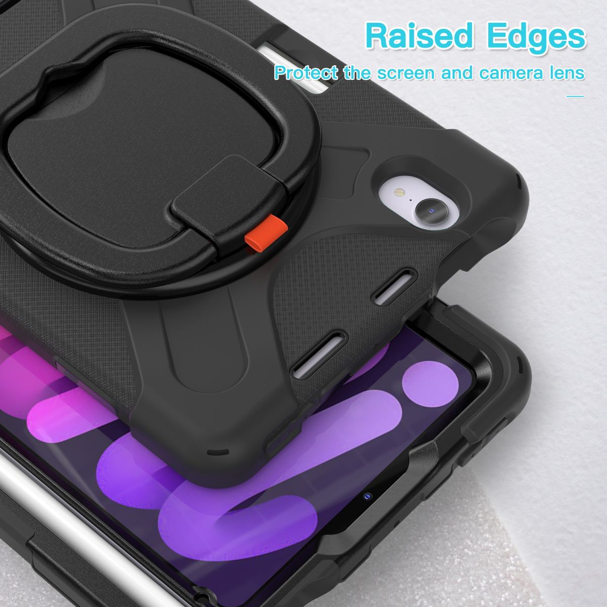 Raised edges on the iPad Mini 6 protective case to safeguard the screen and camera lens. Shockproof and durable design for everyday use.