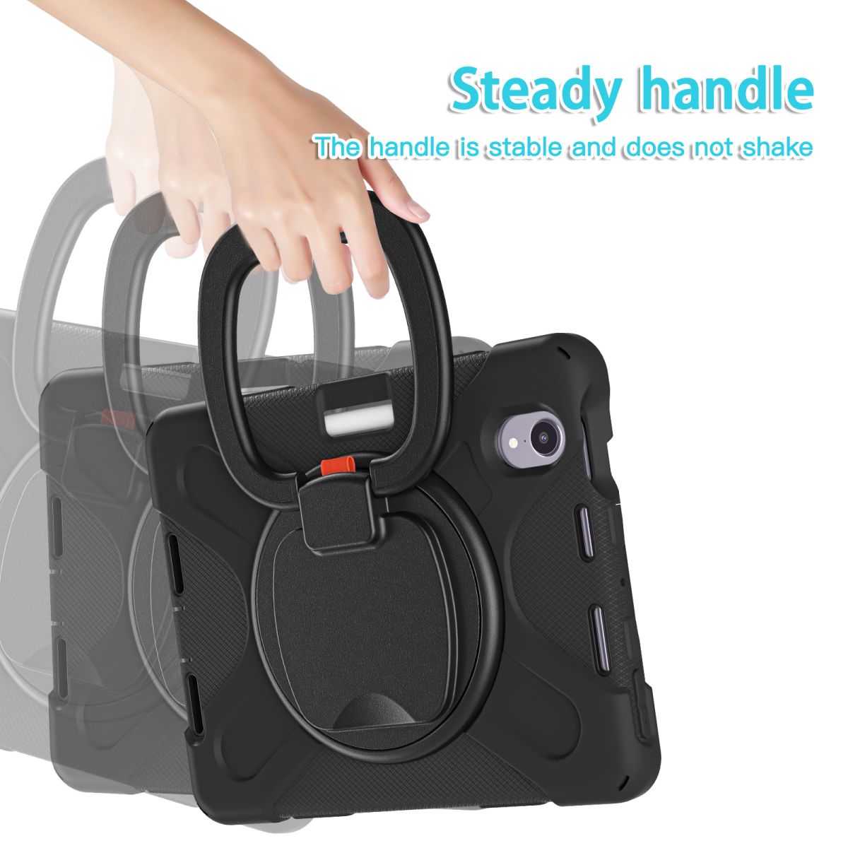 Steady handle design on the iPad Mini 6 protective case, providing a firm grip for easy carrying and stability. Ideal for kids and travel use.