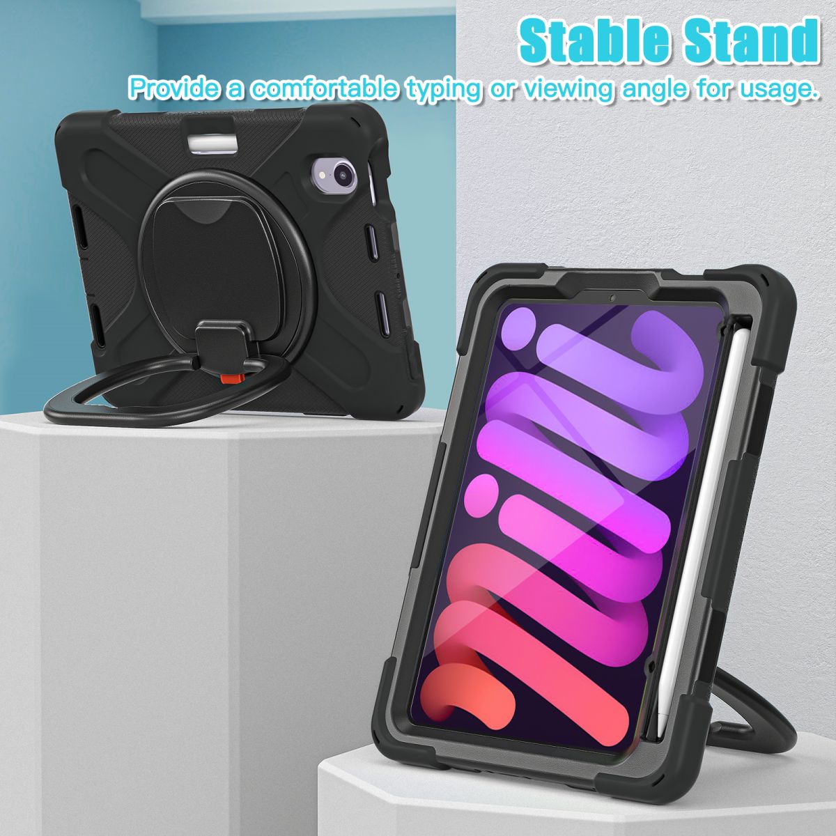 Stable stand feature on the iPad Mini 6 case, offering comfortable viewing and typing angles. Perfect for hands-free entertainment and work.