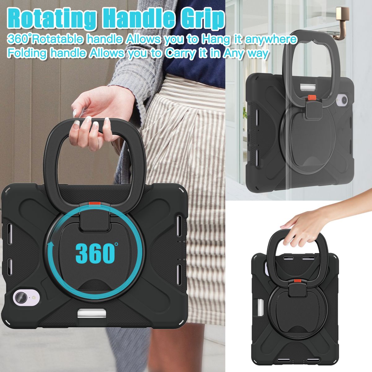 360° rotating handle grip on the iPad Mini 6 case, allowing easy carrying and hanging anywhere. Versatile design for kids and professionals.