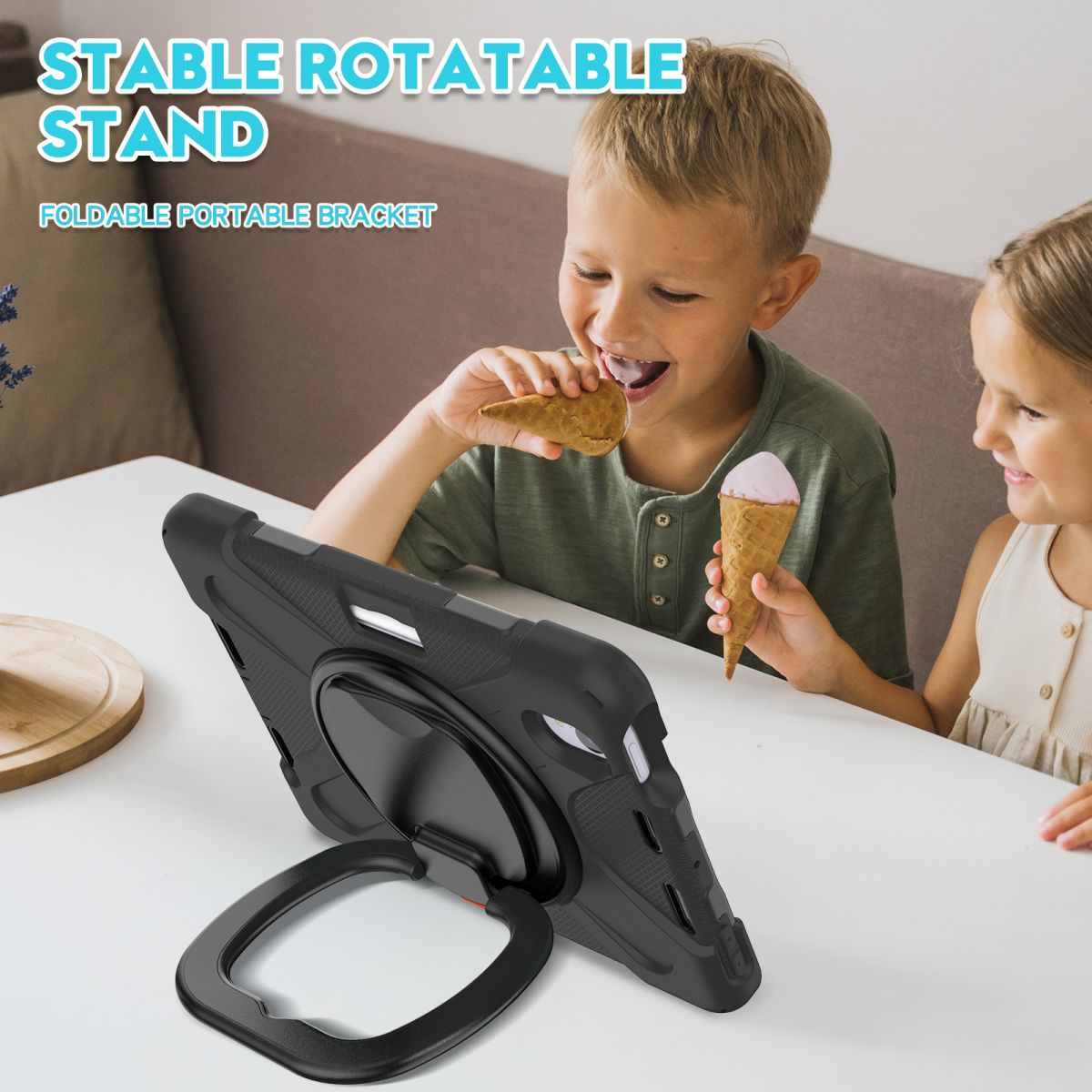 Stable rotatable stand on the iPad Mini 6 case, offering a foldable and portable bracket for easy use. Ideal for kids and professionals on the go.