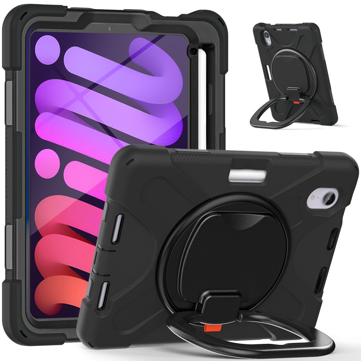 Black iPad Mini 6 protective case with a built-in rotating handle and kickstand for hands-free use. Shockproof and durable for everyday protection.