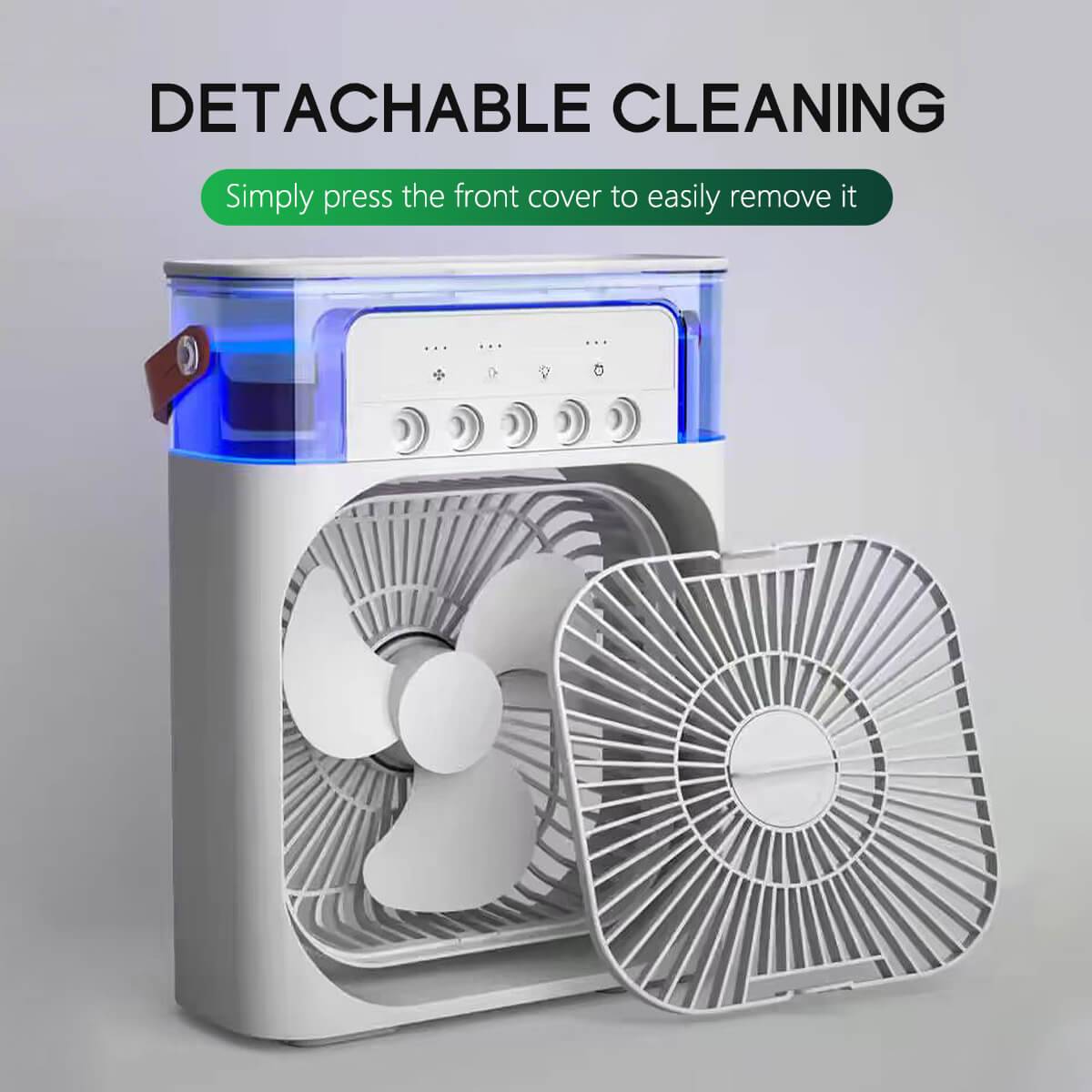 Detachable and washable air conditioner fan with an easy-to-remove front cover for convenient cleaning and maintenance.