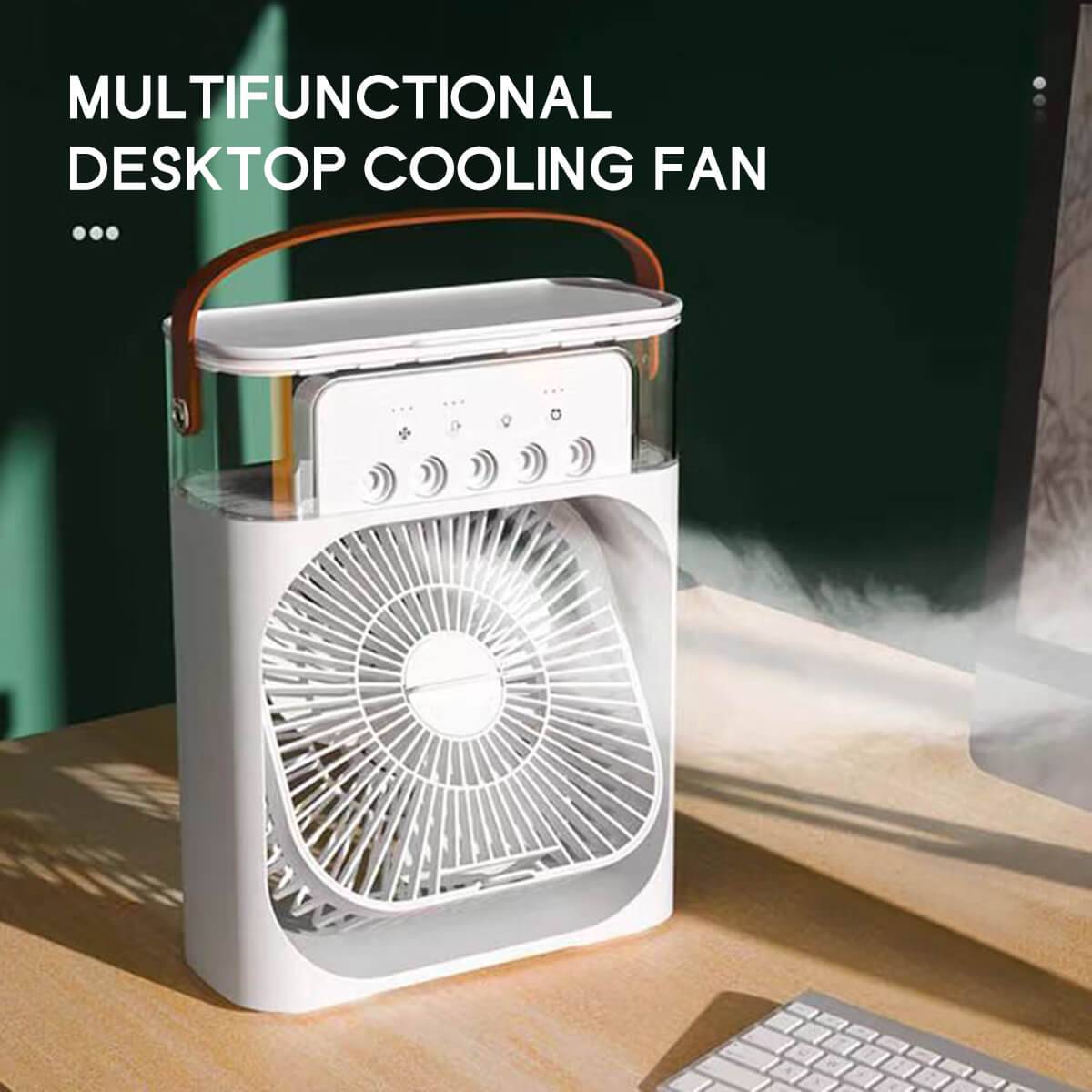 Multifunctional portable air conditioner fan with water mist spray, featuring a sleek design and leather handle for easy transport.